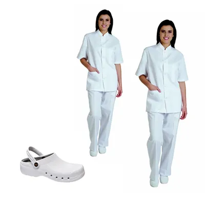 2 PIJAMAS SANITARIOS CUELLO MAO + ZUECO BLANCO SANITARIO 
