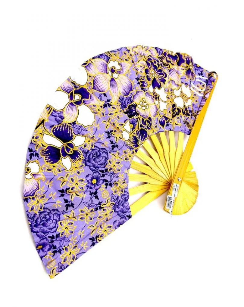 ABANICOS MORADOS CON ORIGINAL ESTAMPADO DE TELA EXOTICA