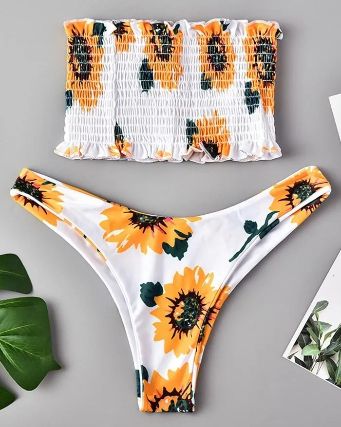 Bikini de triángulo bandeau con estampado de girasoles
