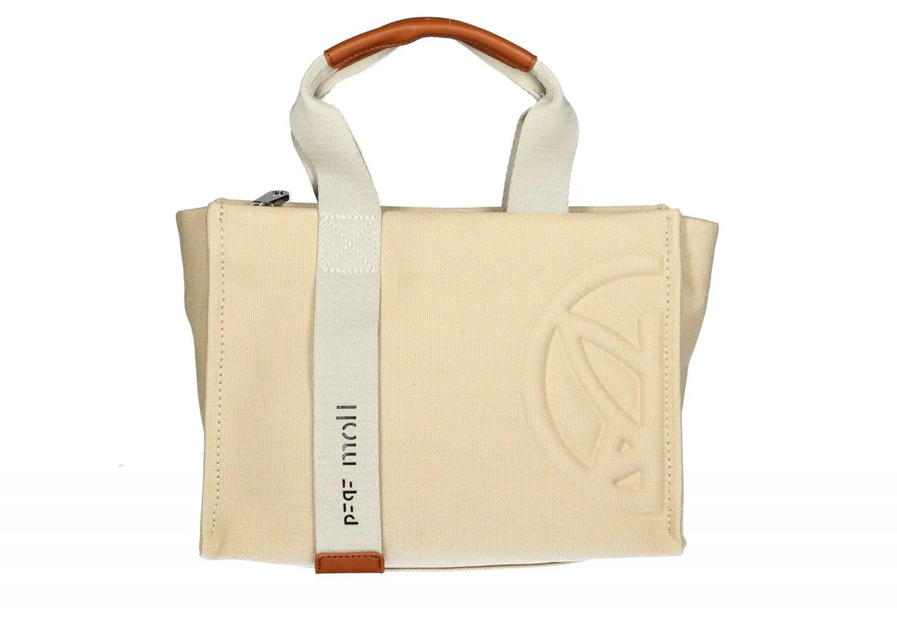 Bolso Canvas Natural Asas Beige Logo Frontal Detalles Cuero