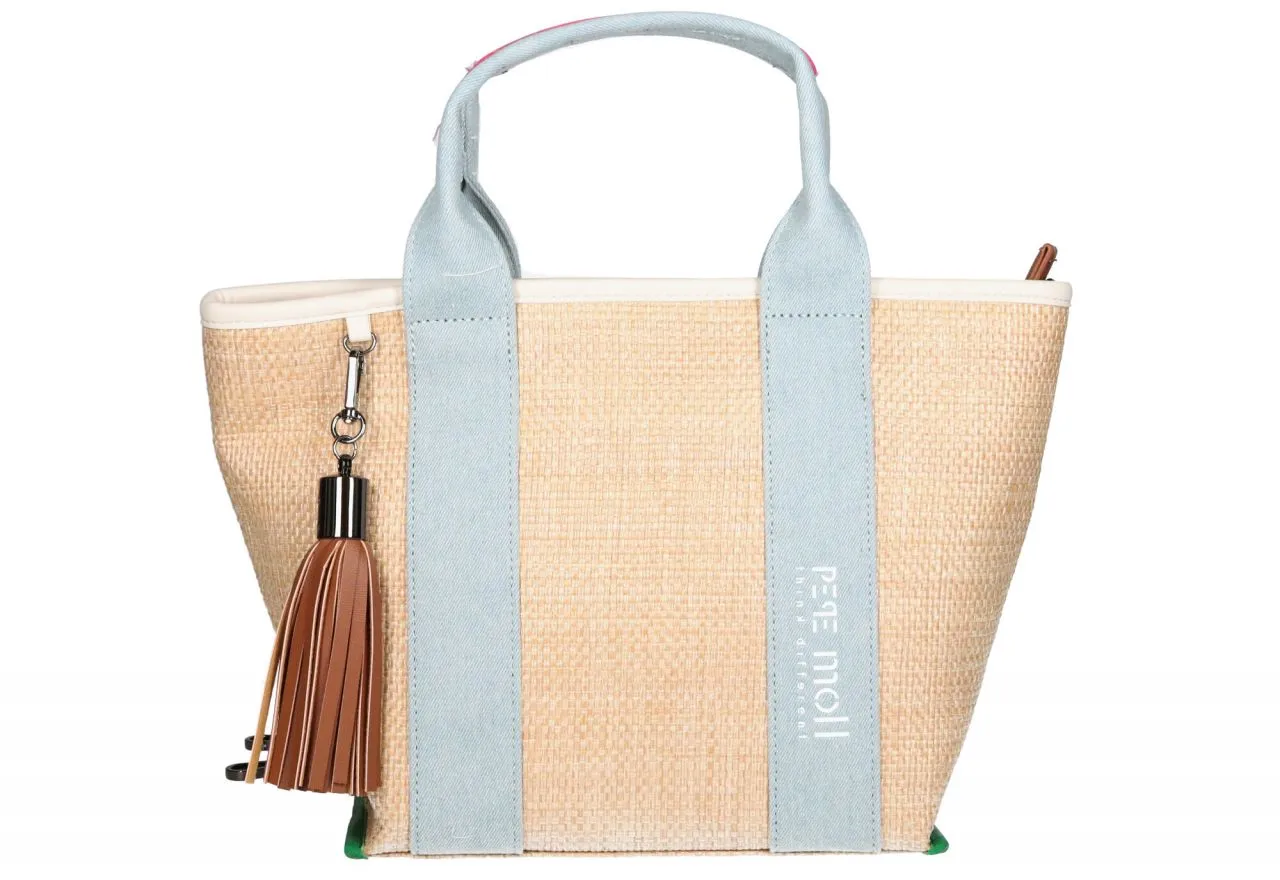 Bolso Rafia Natural Asas Textil Jeans Logo Detalles Fuxia Borla