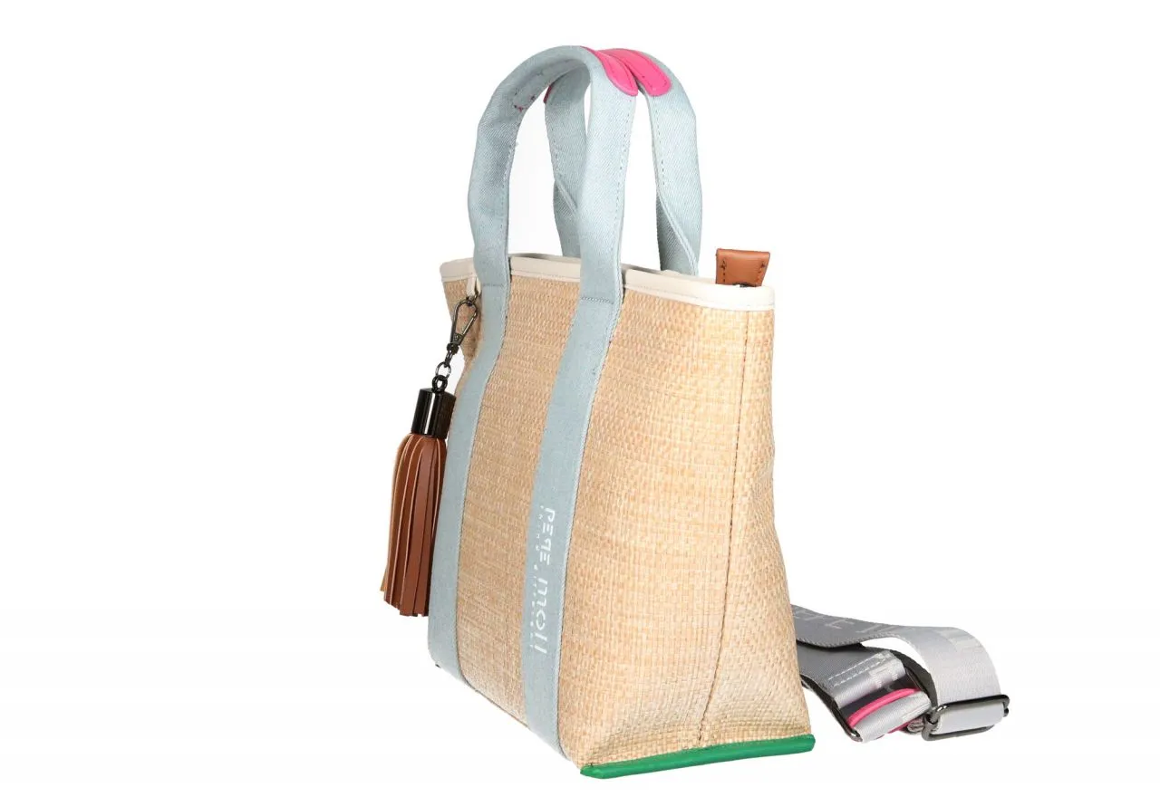Bolso Rafia Natural Asas Textil Jeans Logo Detalles Fuxia Borla
