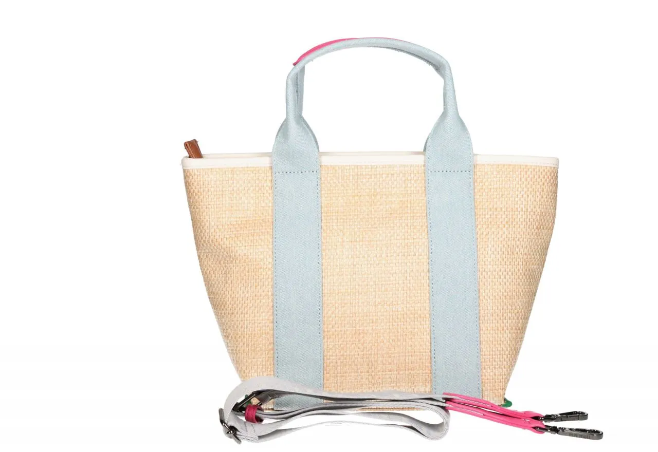 Bolso Rafia Natural Asas Textil Jeans Logo Detalles Fuxia Borla