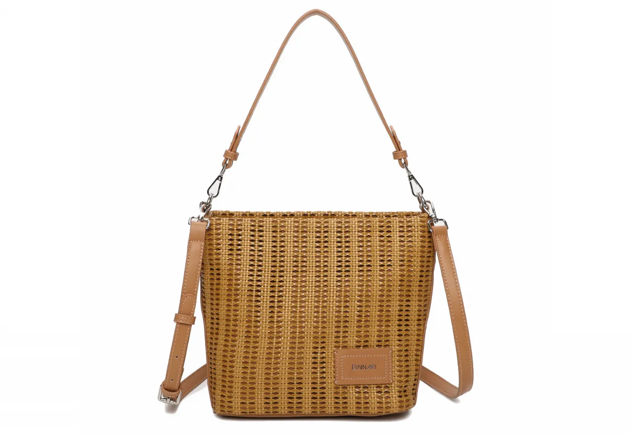 Bolso Trenzado Camel Detalles Efecto Piel Al Tono Asas Intercambiables
