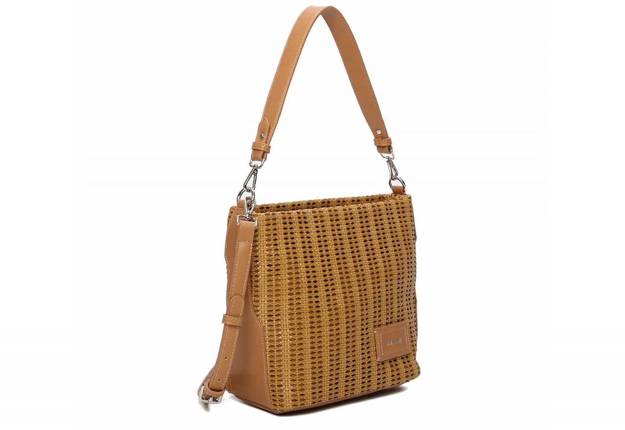 Bolso Trenzado Camel Detalles Efecto Piel Al Tono Asas Intercambiables