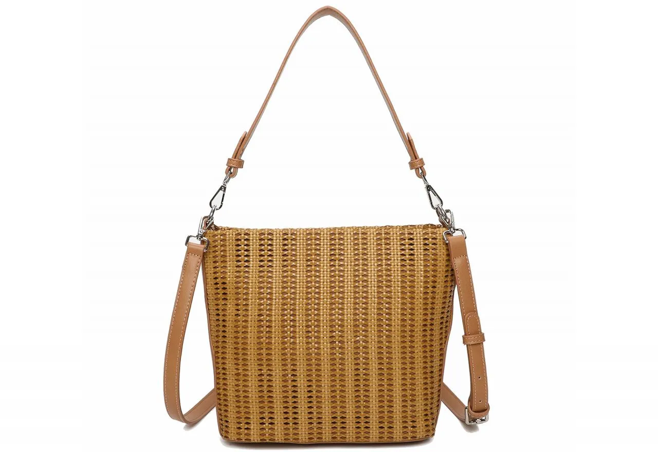 Bolso Trenzado Camel Detalles Efecto Piel Al Tono Asas Intercambiables