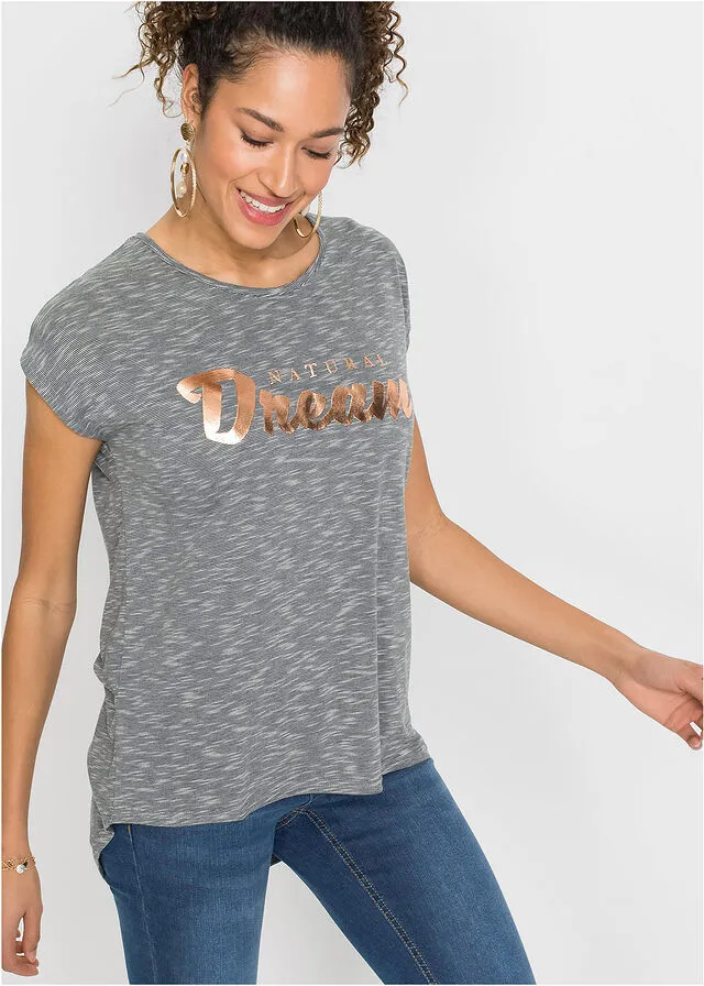 Camisa larga con letras resaltadas Gris claro jaspeado estampado