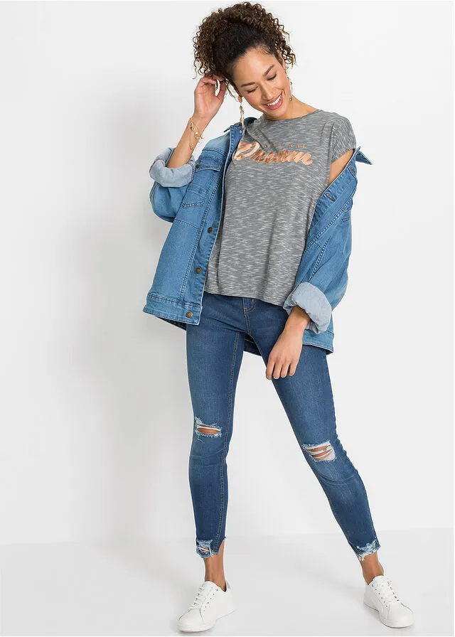 Camisa larga con letras resaltadas Gris claro jaspeado estampado