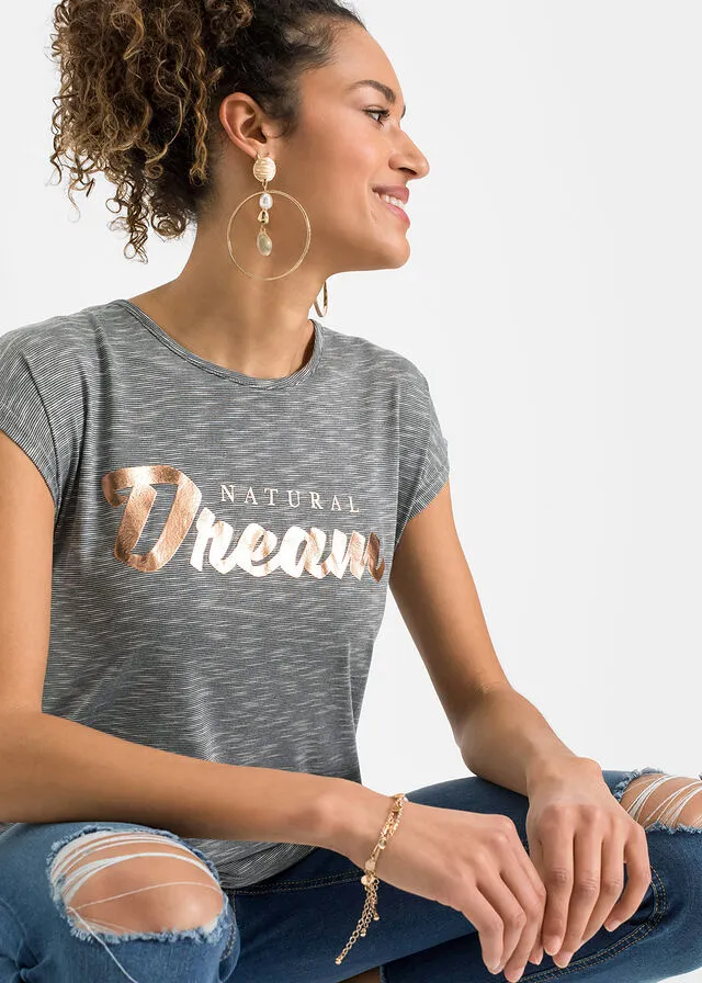 Camisa larga con letras resaltadas Gris claro jaspeado estampado