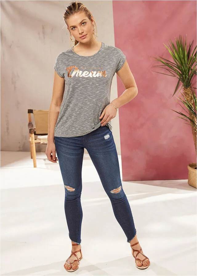 Camisa larga con letras resaltadas Gris claro jaspeado estampado