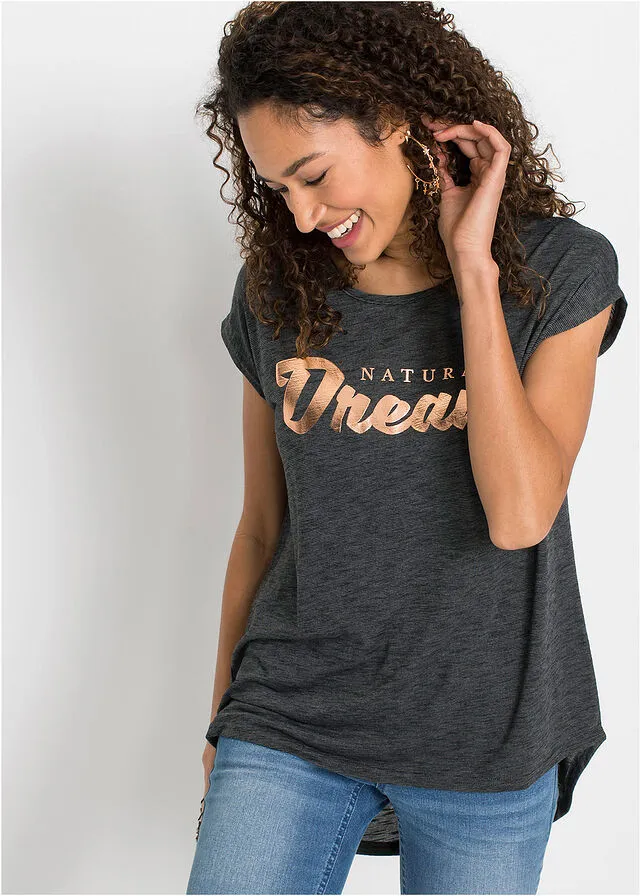 Camisa larga con letras resaltadas Negro jaspeado estampado
