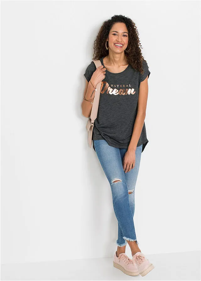 Camisa larga con letras resaltadas Negro jaspeado estampado