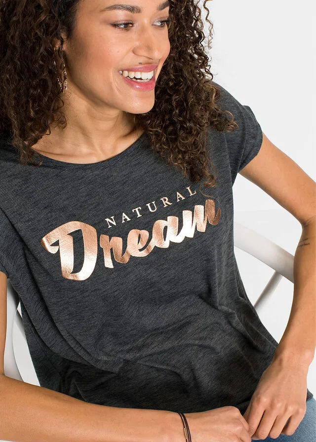Camisa larga con letras resaltadas Negro jaspeado estampado
