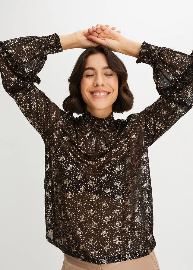 CAMISETA DE MALLA CON ESTAMPADO NEGROCOBRE METALIZADO