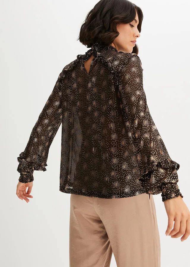 CAMISETA DE MALLA CON ESTAMPADO NEGROCOBRE METALIZADO