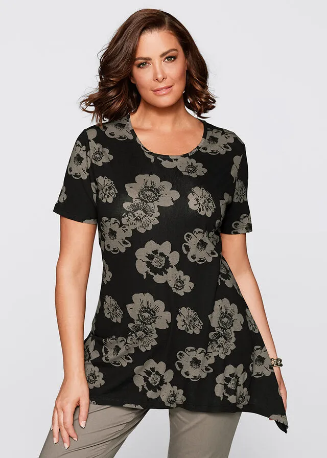 Camiseta larga con borde irregular Negro/gris oscuro con flores