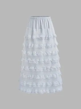 Falda Maxi Capas Sólida de Encaje de Tiro Medio