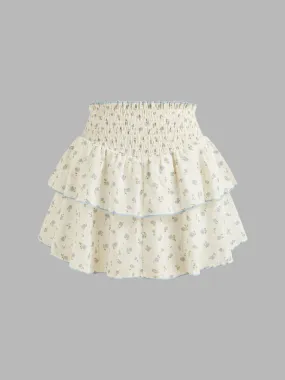 Falda Mini Capas Fruncida Floral de Tiro Medio