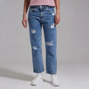 Jean Straight Con Rotos Para Mujer
