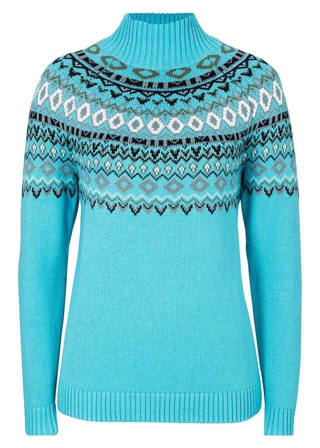 Jersey de cuello alto con patrón nórdico Azul claro con estampado invernal