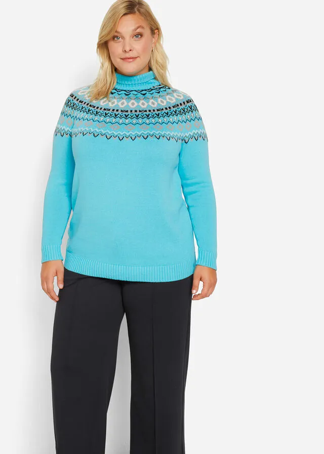 Jersey de cuello alto con patrón nórdico Azul claro con estampado invernal