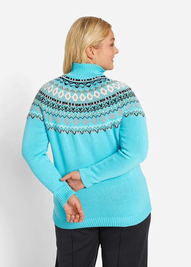 Jersey de cuello alto con patrón nórdico Azul claro con estampado invernal