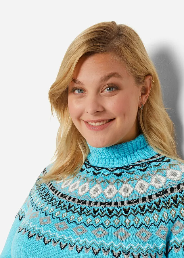 Jersey de cuello alto con patrón nórdico Azul claro con estampado invernal
