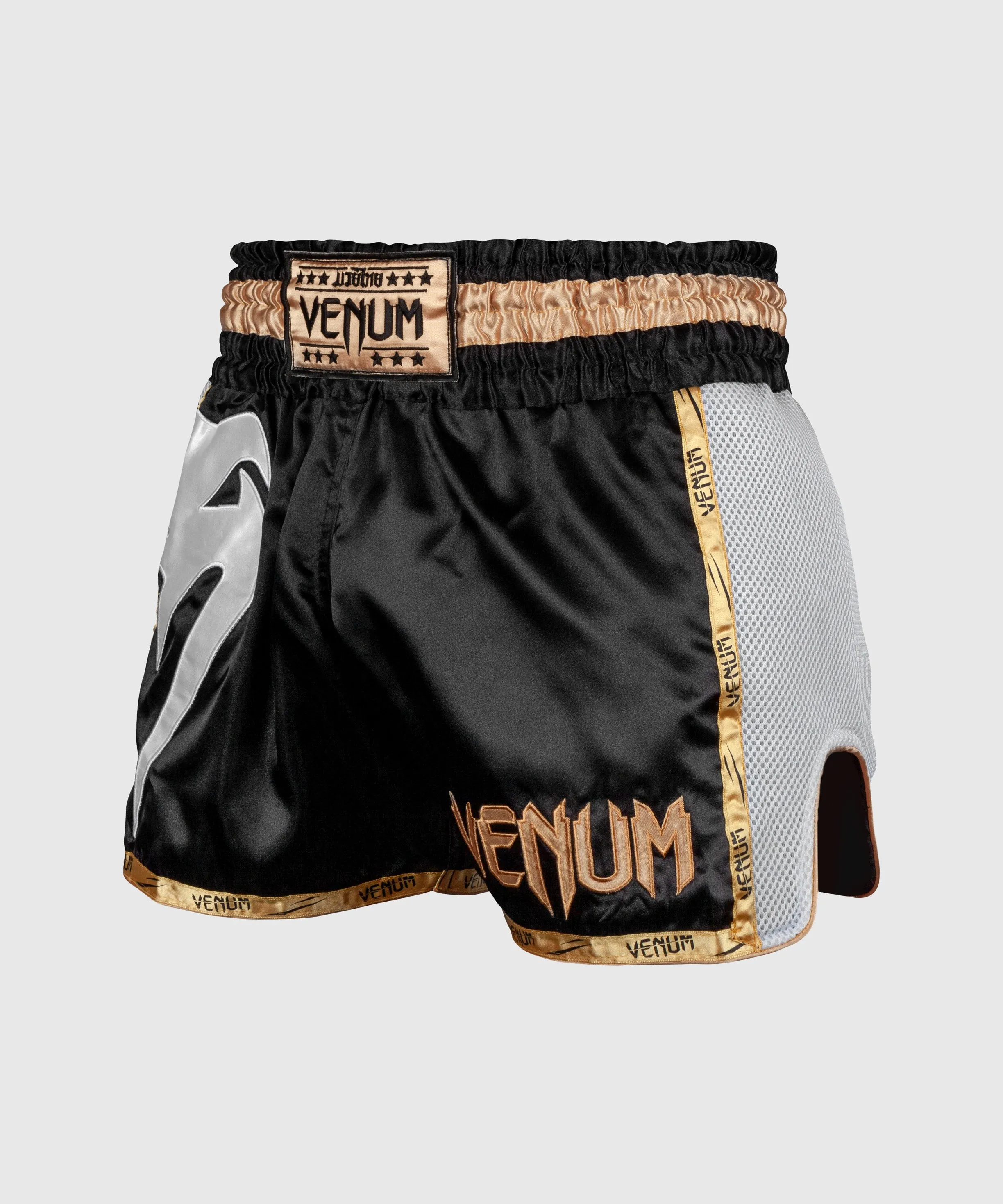 PANTALONES CORTOS DE MUAY THAI VENUM GIANT  NEGRO/BLANCO/ORO