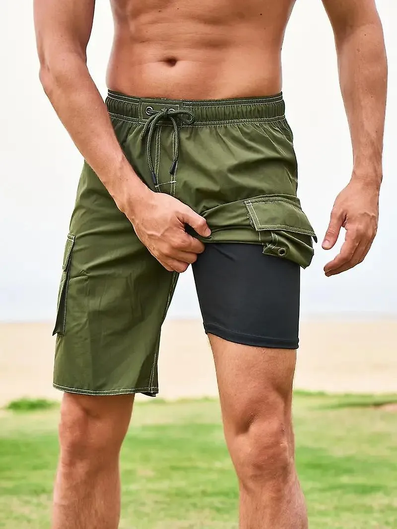 Pantalones cortos de playa de secado rápido para hombre, traje de baño casual con bolsillos con solapa para el verano