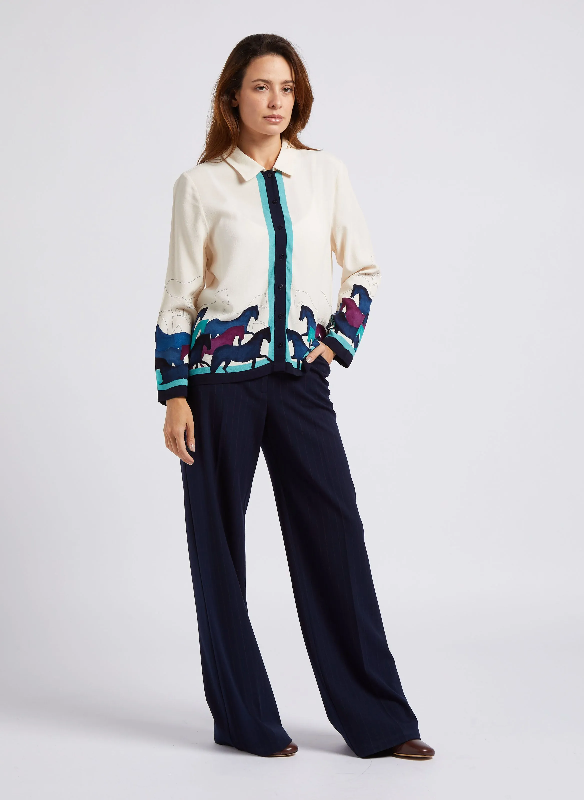 Pantalón ancho de talle alto a rayas en azul