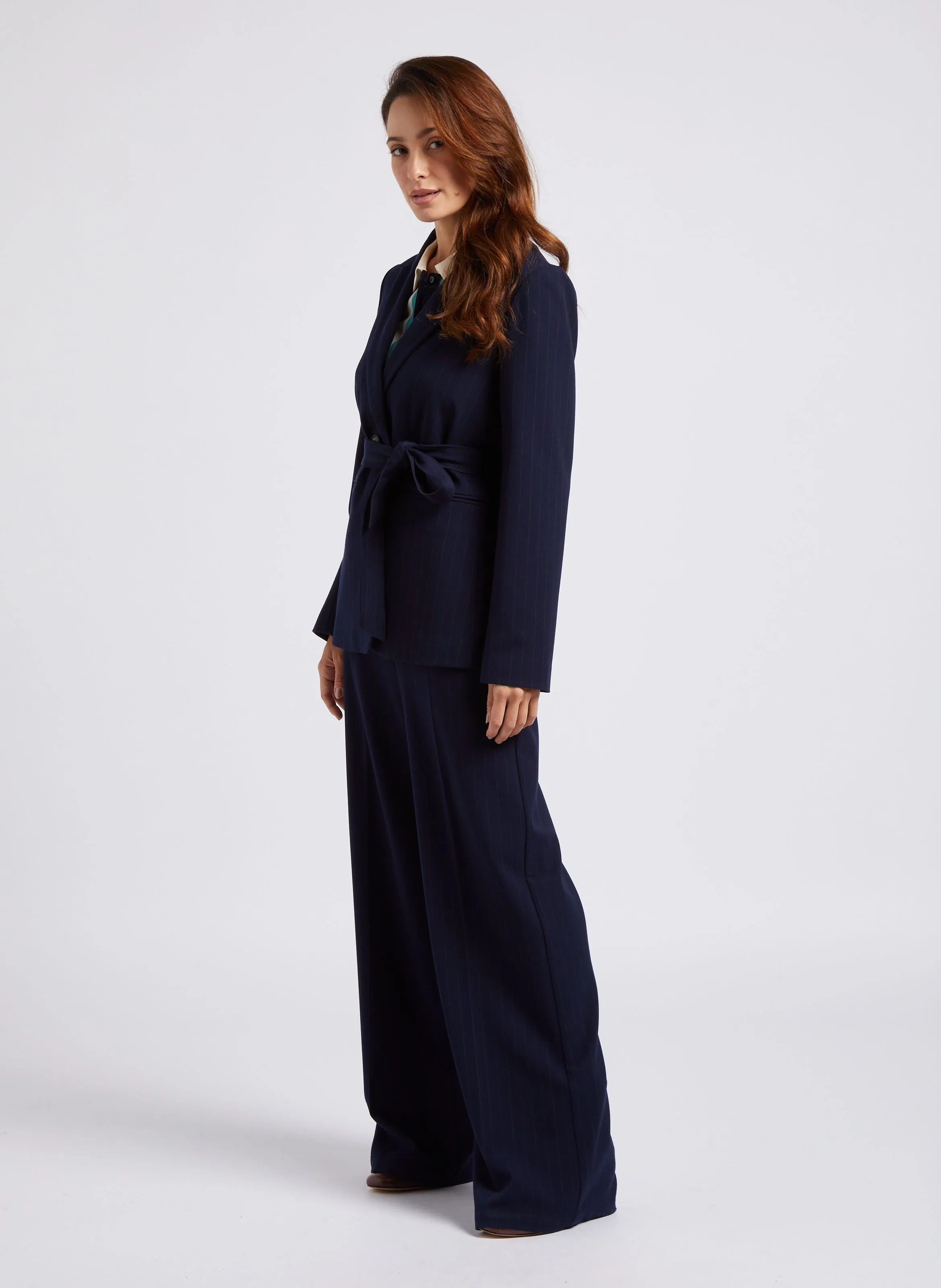 Pantalón ancho de talle alto a rayas en azul