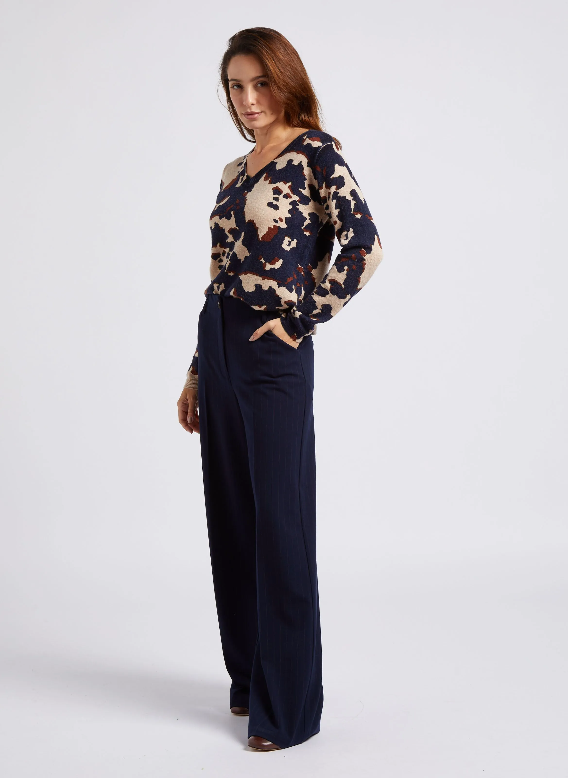Pantalón ancho de talle alto a rayas en azul