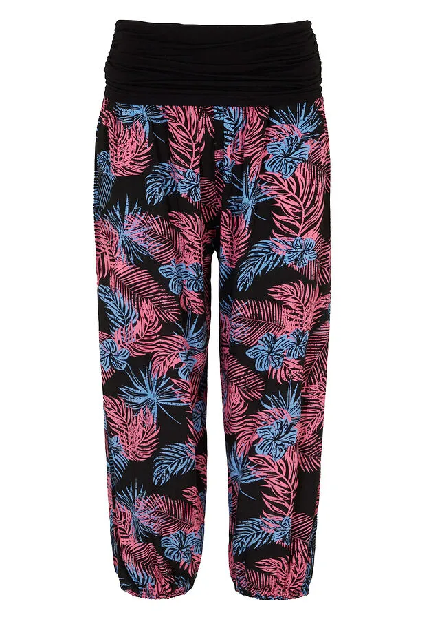 Pantalón capri con cintura cómoda y ajuste holgado Negro de flores