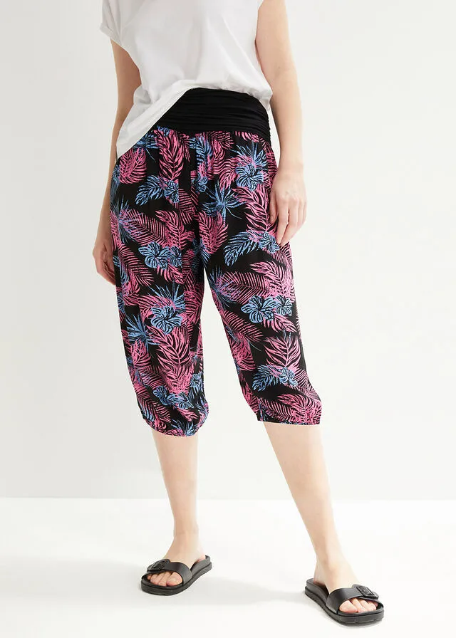 Pantalón capri con cintura cómoda y ajuste holgado Negro de flores