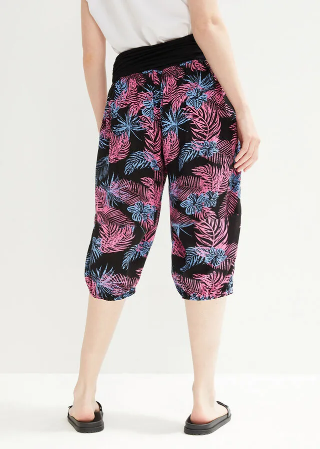 Pantalón capri con cintura cómoda y ajuste holgado Negro de flores