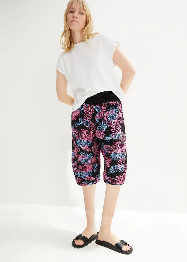 Pantalón capri con cintura cómoda y ajuste holgado Negro de flores
