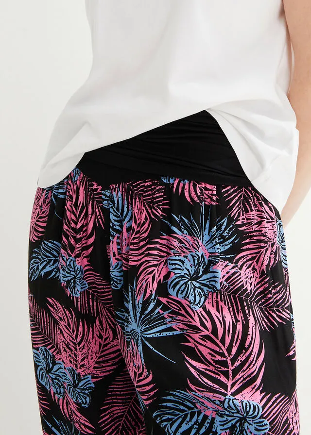 Pantalón capri con cintura cómoda y ajuste holgado Negro de flores