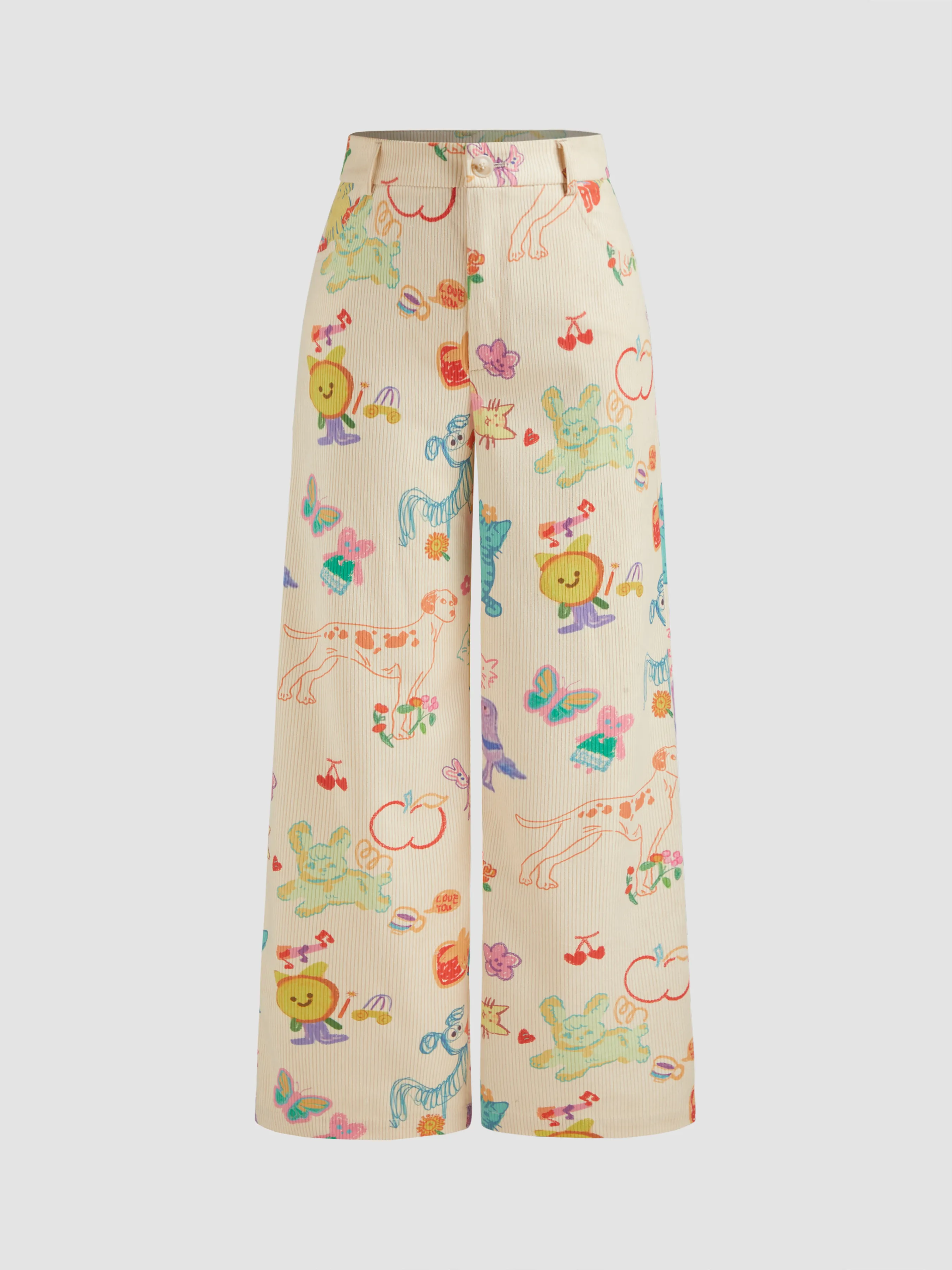Pantalón de pana de tiro medio con gráficos de animales y frutas de pierna ancha