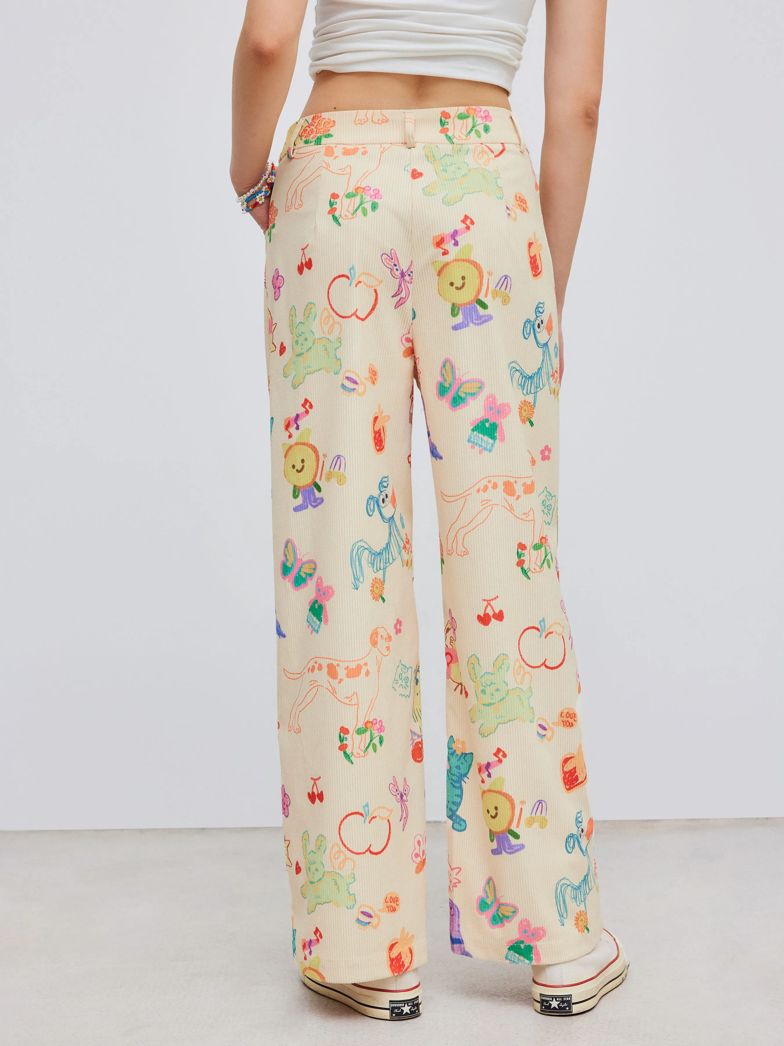 Pantalón de pana de tiro medio con gráficos de animales y frutas de pierna ancha