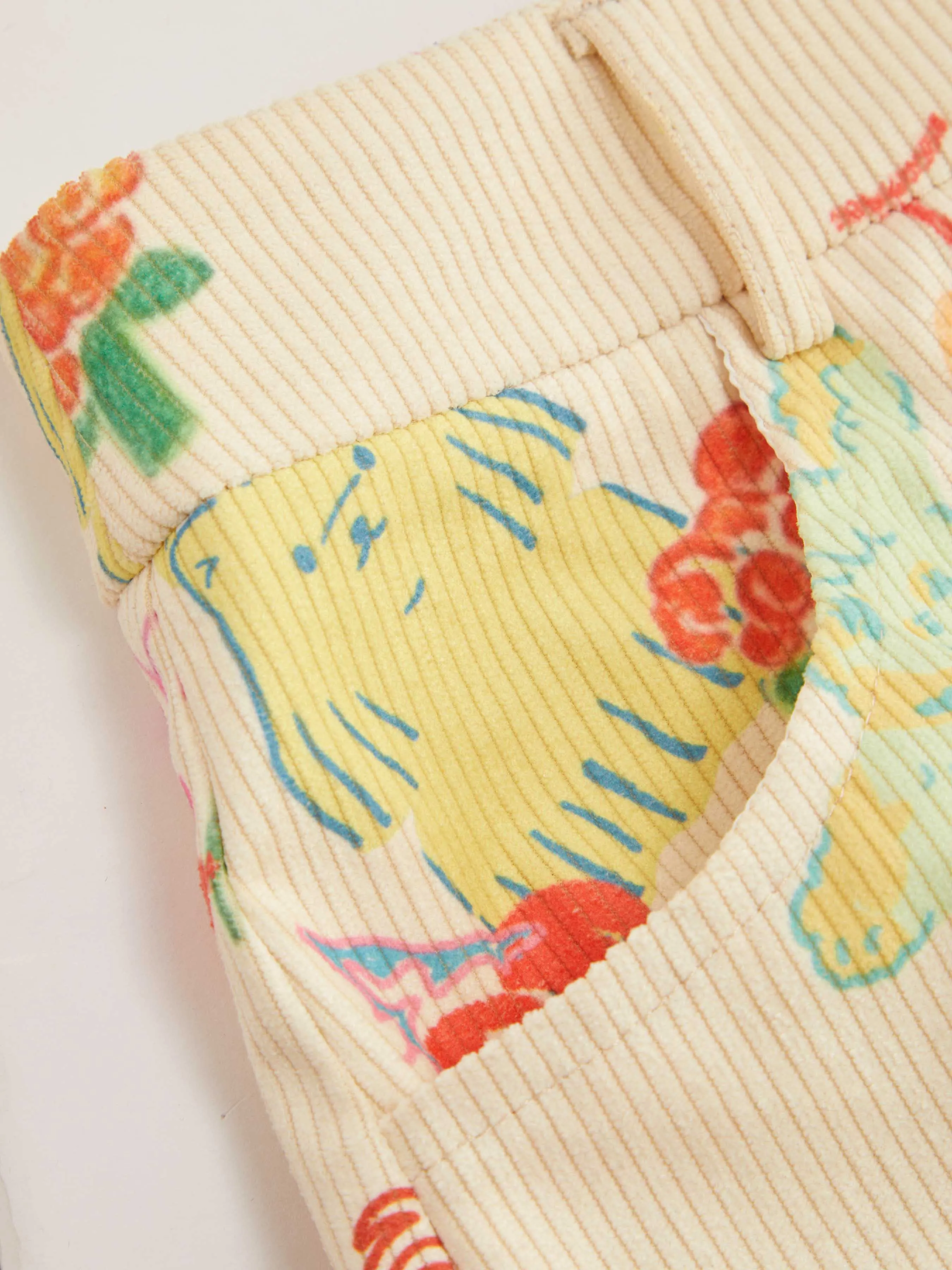 Pantalón de pana de tiro medio con gráficos de animales y frutas de pierna ancha