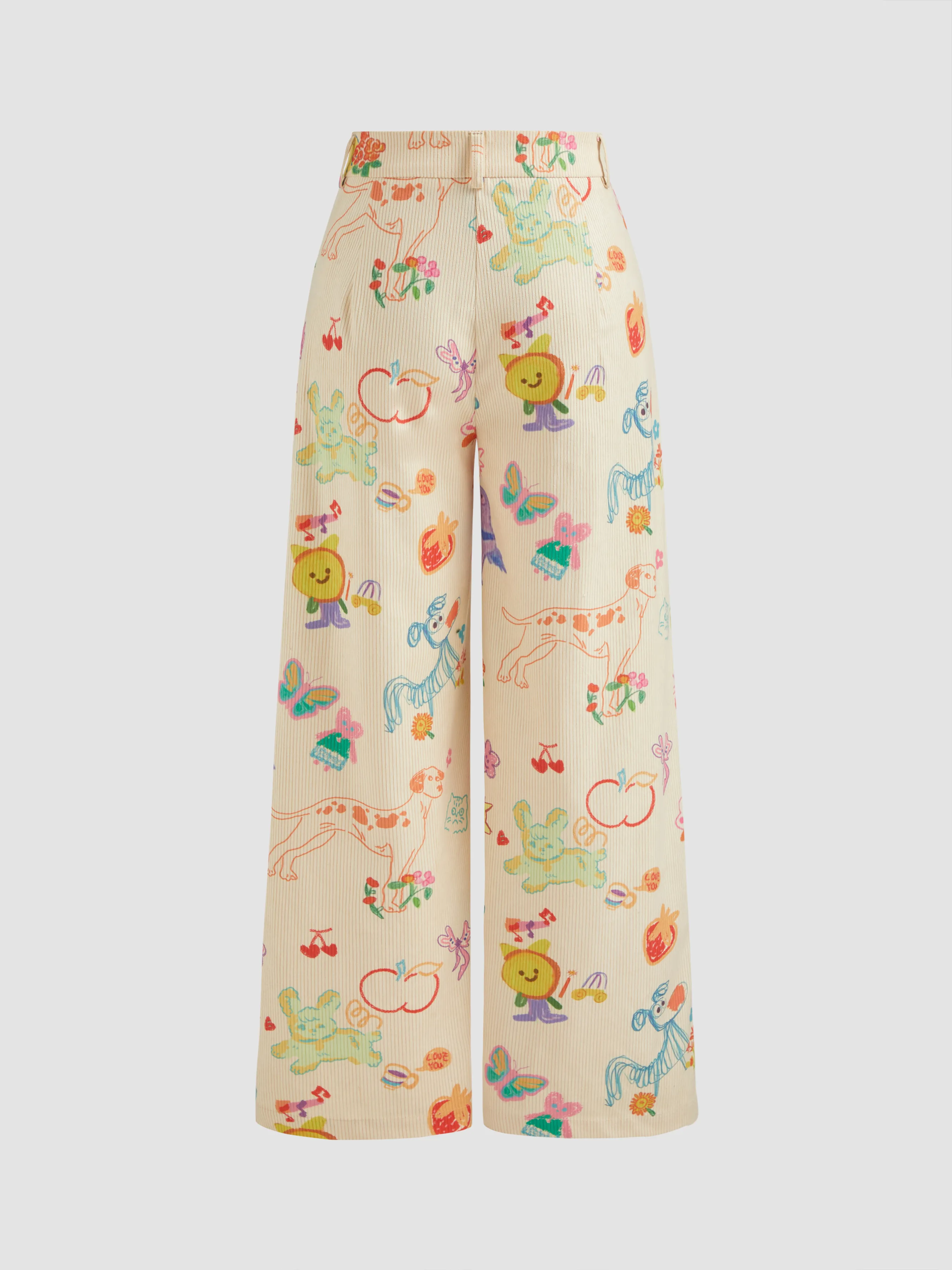 Pantalón de pana de tiro medio con gráficos de animales y frutas de pierna ancha