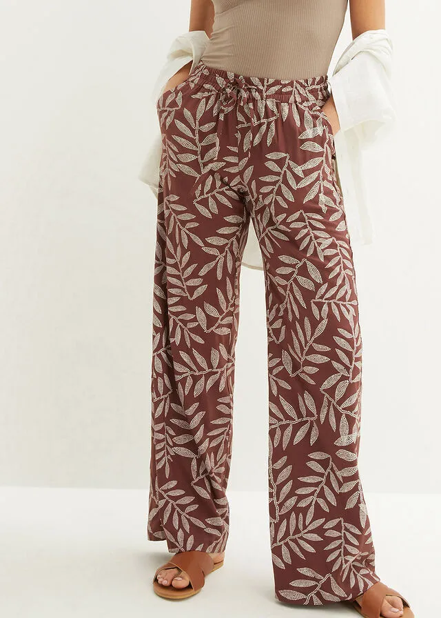 PANTALóN TIPO PALAZZO DE VISCOSA SOSTENIBLE CON ESTAMPADO MARRóN TIERRABLANCO ESTAMPADO