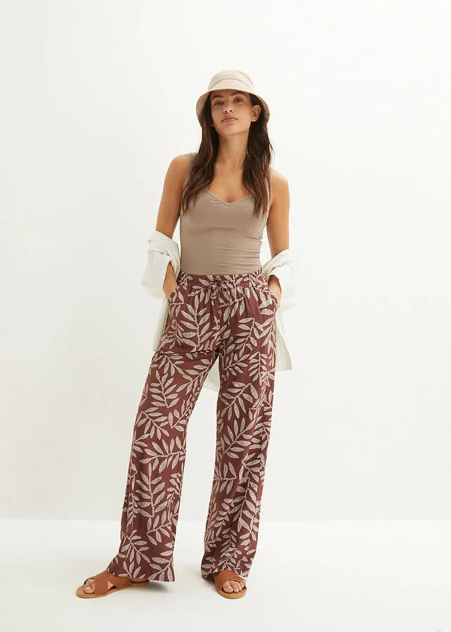 PANTALóN TIPO PALAZZO DE VISCOSA SOSTENIBLE CON ESTAMPADO MARRóN TIERRABLANCO ESTAMPADO