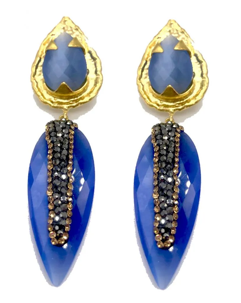 PENDIENTES MUJER LARGOS ORIGINALES COLOR AZULÓN CON PIEDRAS Y CRISTALES NATURALES