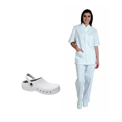 PIJAMA BLANCO SANITARIO CUELLO MAO + ZUECO BLANCO SANITARIO 