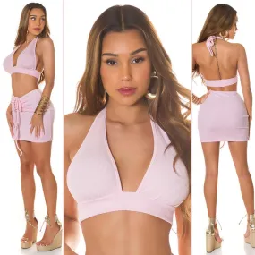 Top crop rosa suave atado al cuello