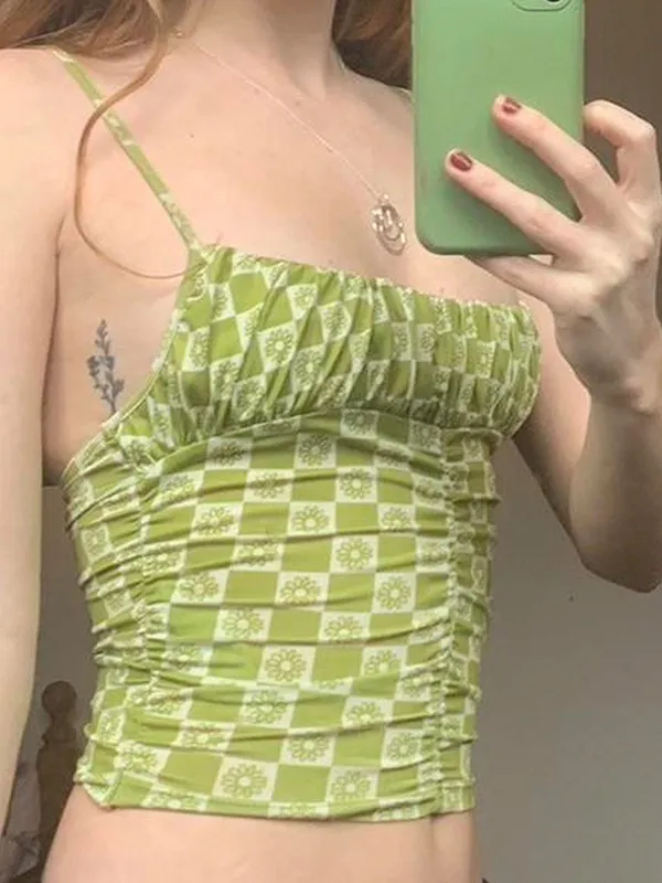 Top de tirantes ajustado plisado con estampado Vintage Checks