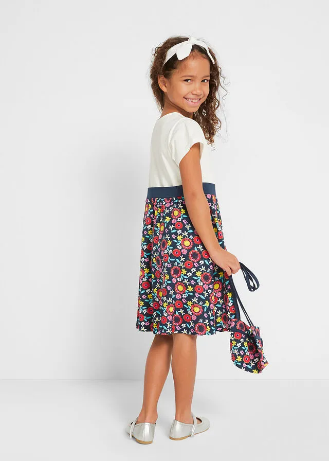 VESTIDO + BOLSO PARA NIñAS (2 PIEZAS) DE ALGODóN ORGáNICO BLANCO LANAAZUL OSCURO ESTAMPADO