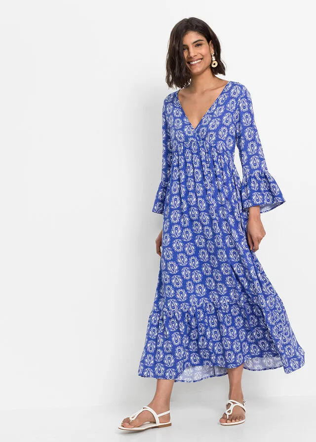 Vestido con aspecto de craftán Azul gema estampado