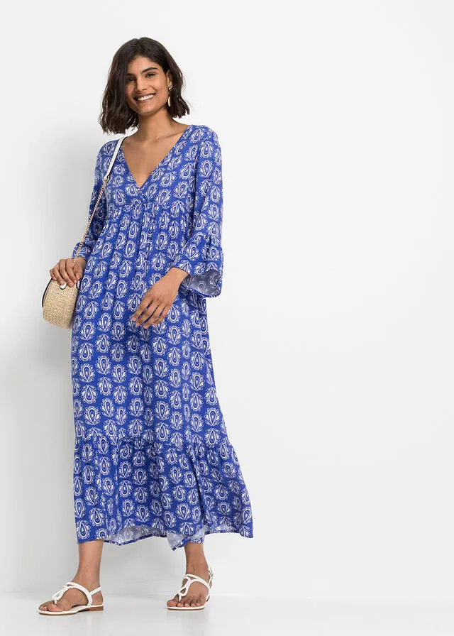 Vestido con aspecto de craftán Azul gema estampado